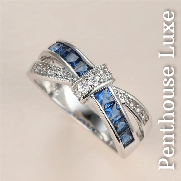 FINAL RESTOCK!! Blue Sapphire Criss Cross 10k White Gold Plated Bow Ring - Picture 4 of 6